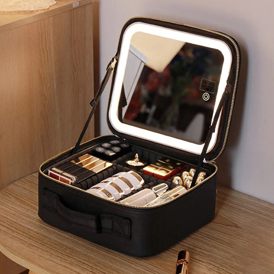 Smart LED Cosmetic Case with Mirror Women Makeup Bag Portable Large Capacity Fashion PU Leather Casual for Weekend Vacation