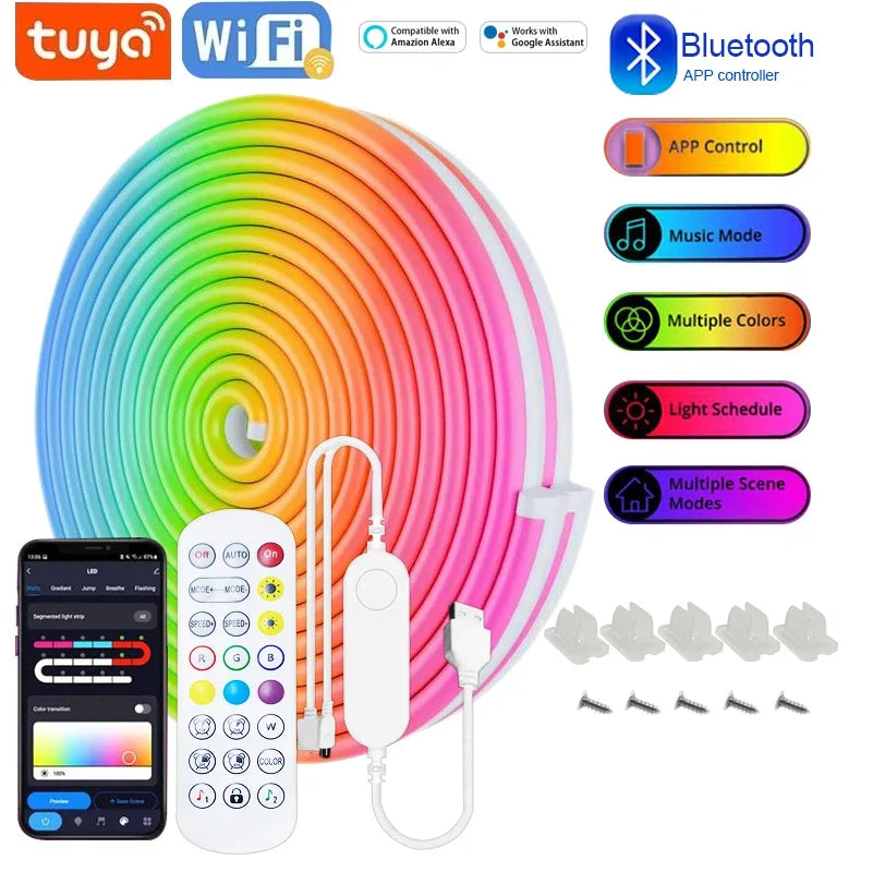USB RGB Neon LED Strip 1M 2M 3M 5M Wifi 5V RGB Strip Work with Tuya App/Smart Life/Alexa for Game Home Neon Decor Lighting Spe