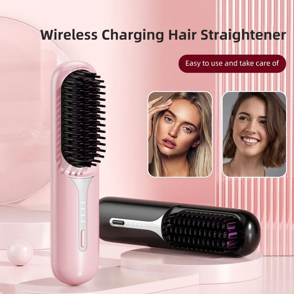 Wet Dry Hair Straightener Portable Hair Comb Cordless Hair Straightener Brush with Fast Heating Negative Ions for Fluffy Curly