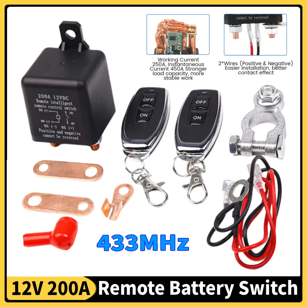 Wireless Disconnect Isolator DC 12V Wireless Remote Master Kill Cut-Off 200A Master Switches 433Mhz Car Battery Disconnect Relay