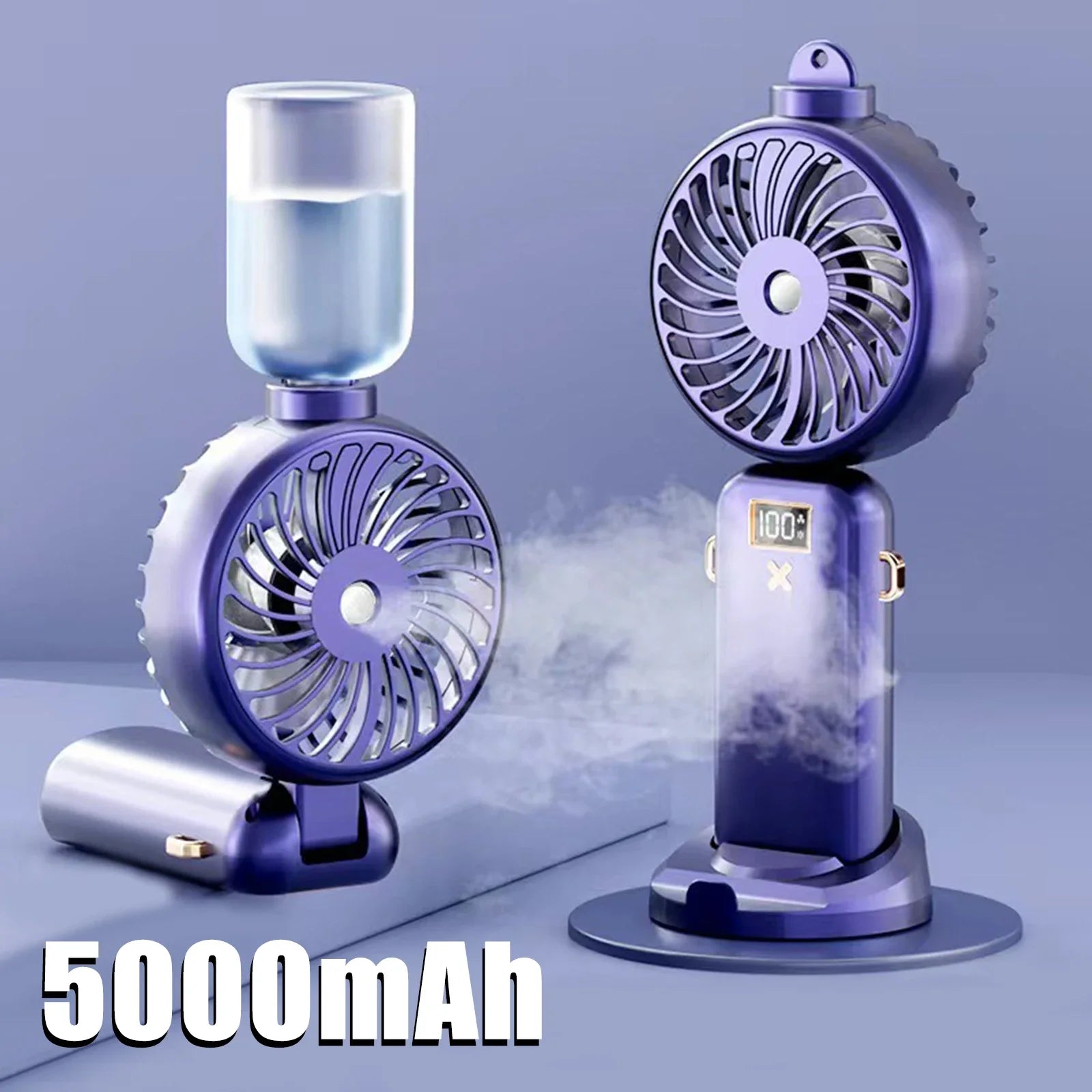 Folding Air Cooling Fan Spray Function 5W 5000Mah Smart Table Fan USB Charging Detachable Lanyard 5-Speed Mute for Summer Travel