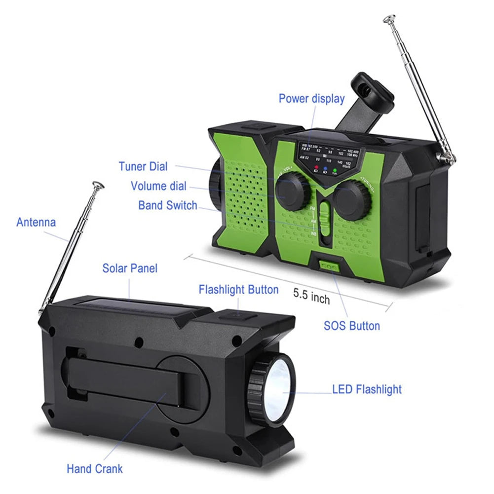 Hand Crank Emergency Radio AM/FM/WB Weather Radio with Power Bank SOS Flashlight Portable Radio for Indoor Outdoor Emergencies