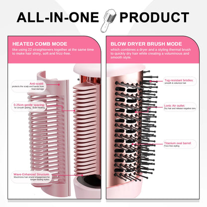 Smooth Style Heated Comb + Blow Dryer Brush,2-In-1 Hot Air Brush for One-Step Straightener Hair Dryer and Styler