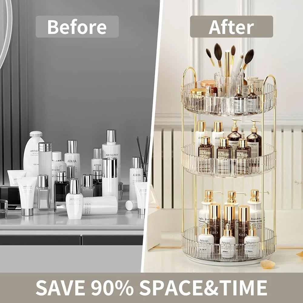 3 Tier 360° Rotating Makeup Organizer Large-Capacity Cosmetic Storage Skincare Holder Vanity Organizer Bathroom Storage Box