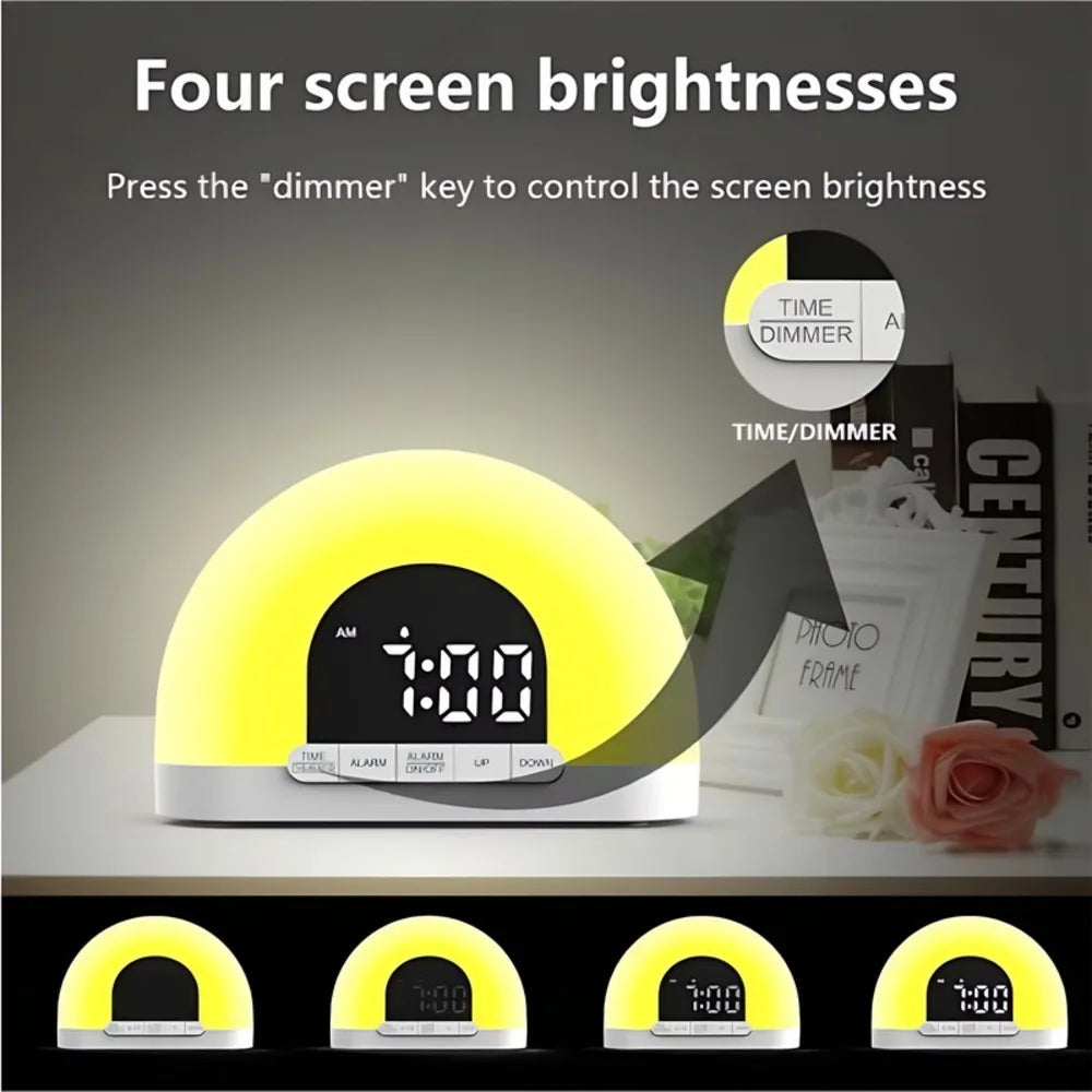 Fashion Color Night Sunrise Alarm Wake up Light with Touch Control Semicircle Dual Clock Europe White