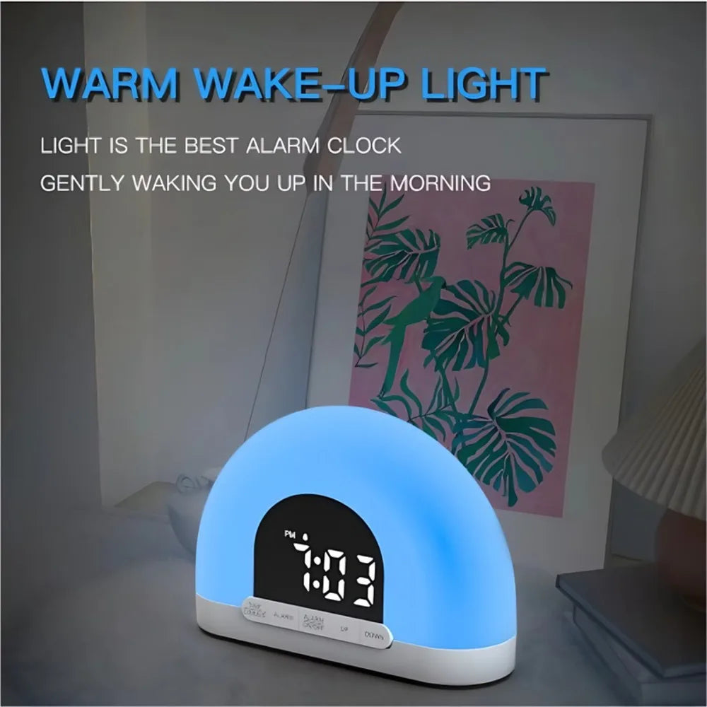 Fashion Color Night Sunrise Alarm Wake up Light with Touch Control Semicircle Dual Clock Europe White