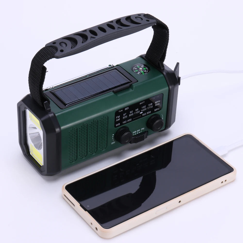 AM/FM/NOAA Weather Pocket Flashlight Radio SOS LED Emergency Radio Solar Hand Crank Powered Wind up Phone Charger Bank