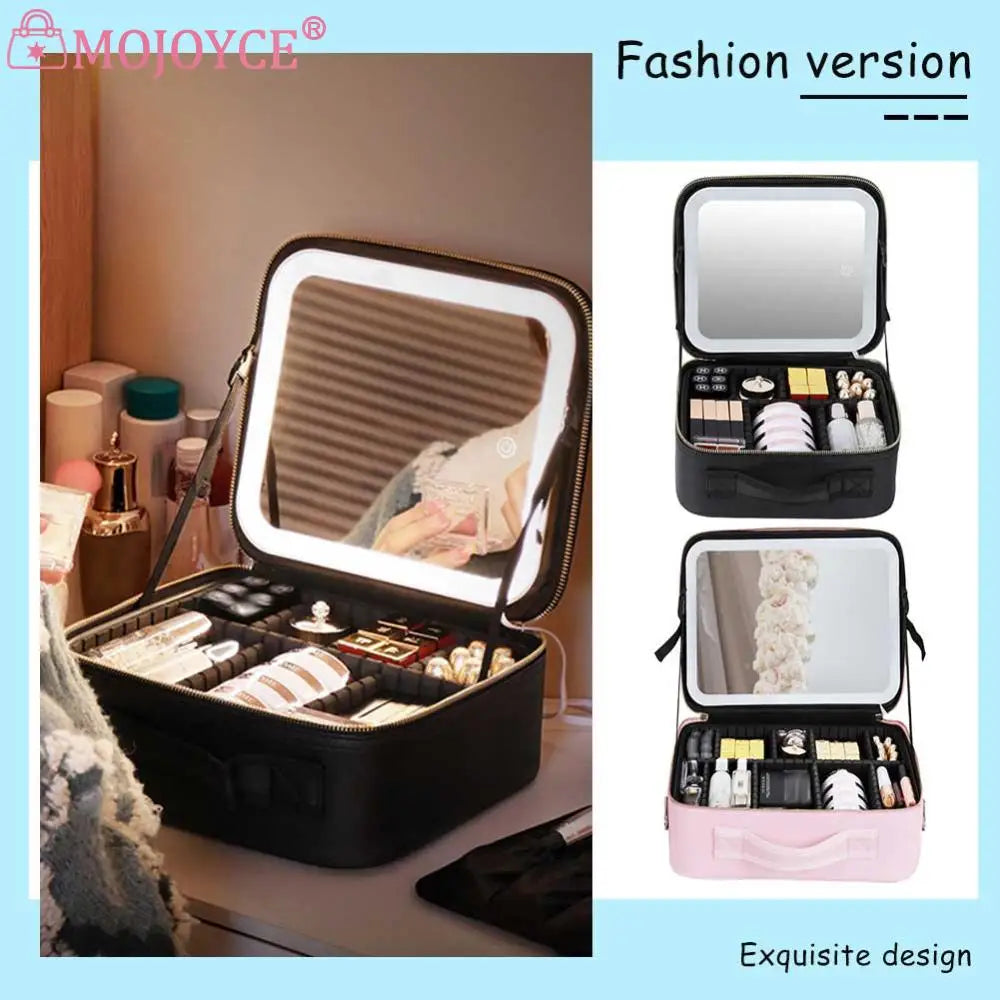 Smart LED Cosmetic Case with Mirror Women Makeup Bag Portable Large Capacity Fashion PU Leather Casual for Weekend Vacation