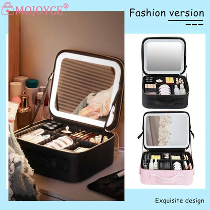 Smart LED Cosmetic Case with Mirror Women Makeup Bag Portable Large Capacity Fashion PU Leather Casual for Weekend Vacation