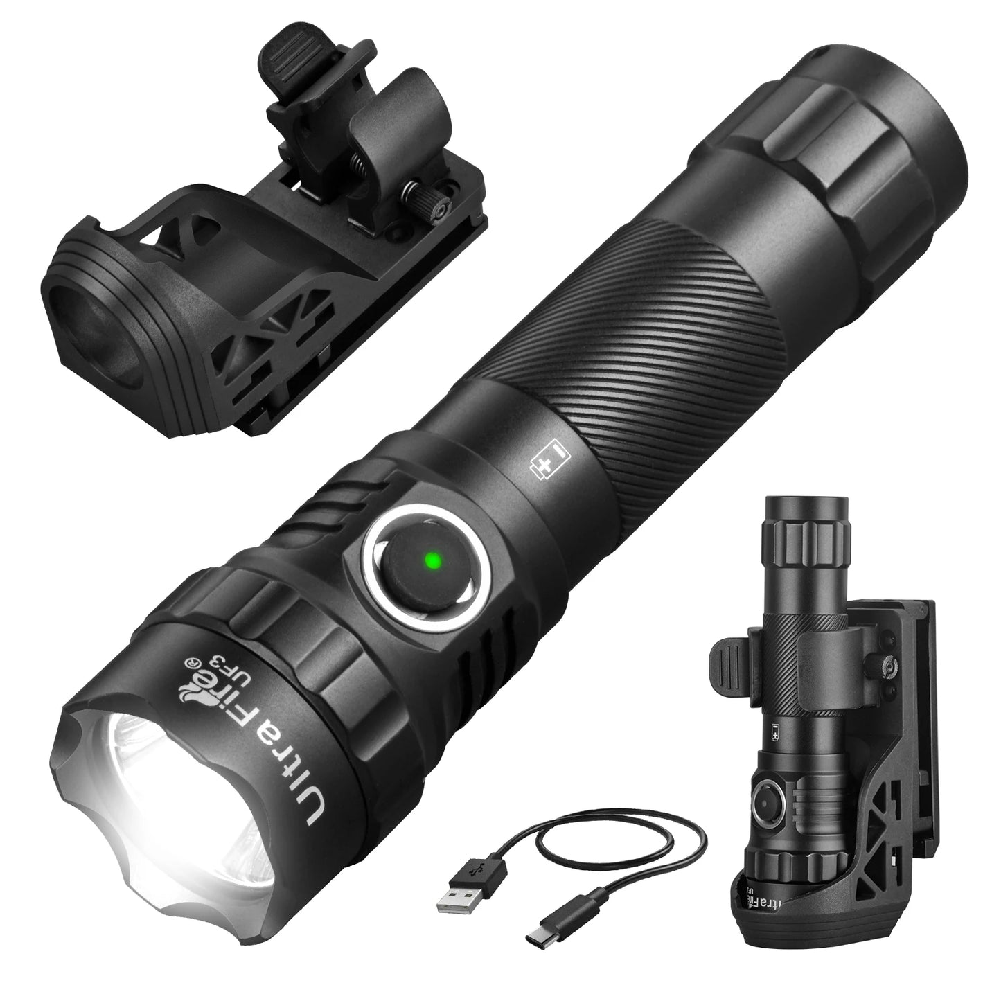 UF3 Tactical Flashlight 1200 Lumen USB Rechargeable Powerful Police Flashlight with Holster for Home Emergency Camping