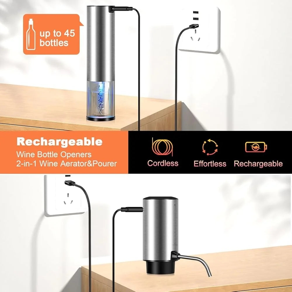 Electric Wine Opener Set Wooden Gift Box 2-In-1 Decanter Aerator Dispenser Vacuum Stopper Corkscrew Kitchen Accessories