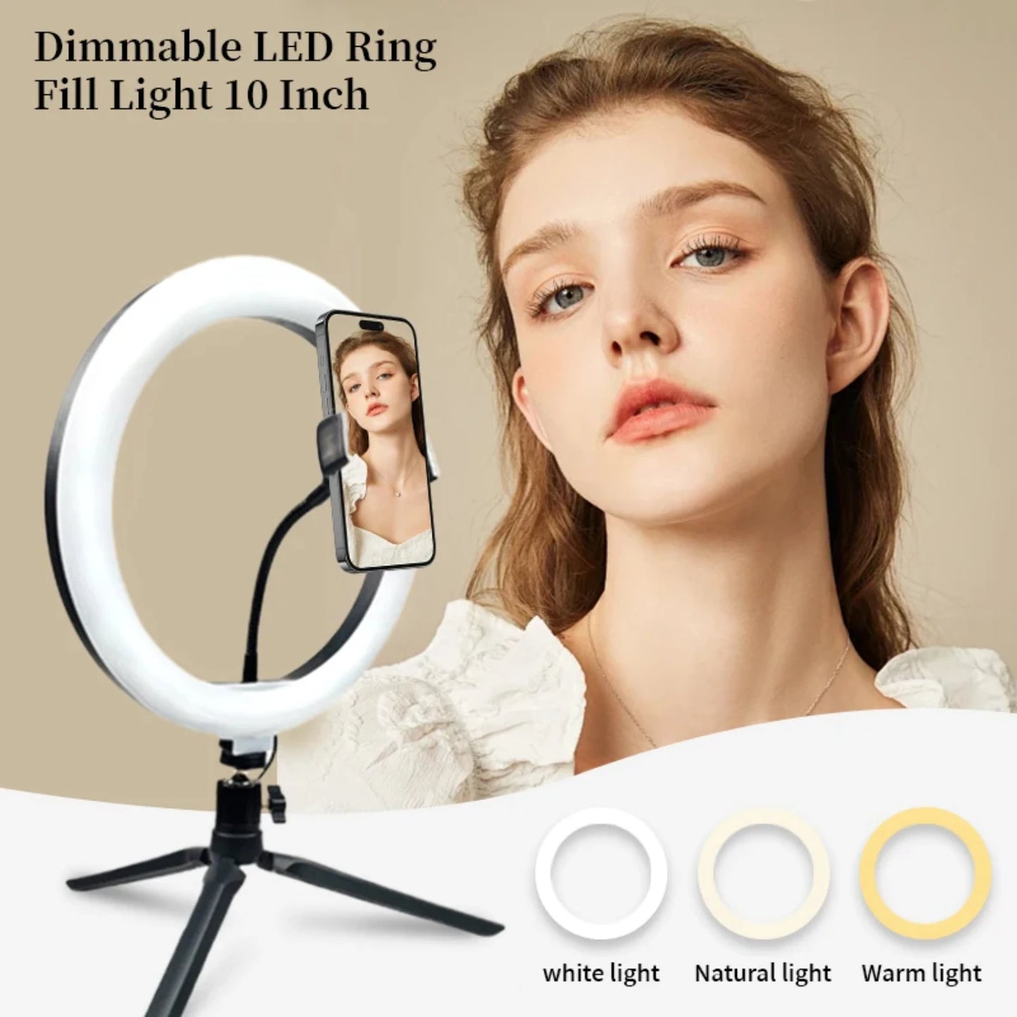10 Inch Ring Light with Tripod and Phone Holder Adjustable Suitable Videos Photography Selfies Makeup Live Streaming