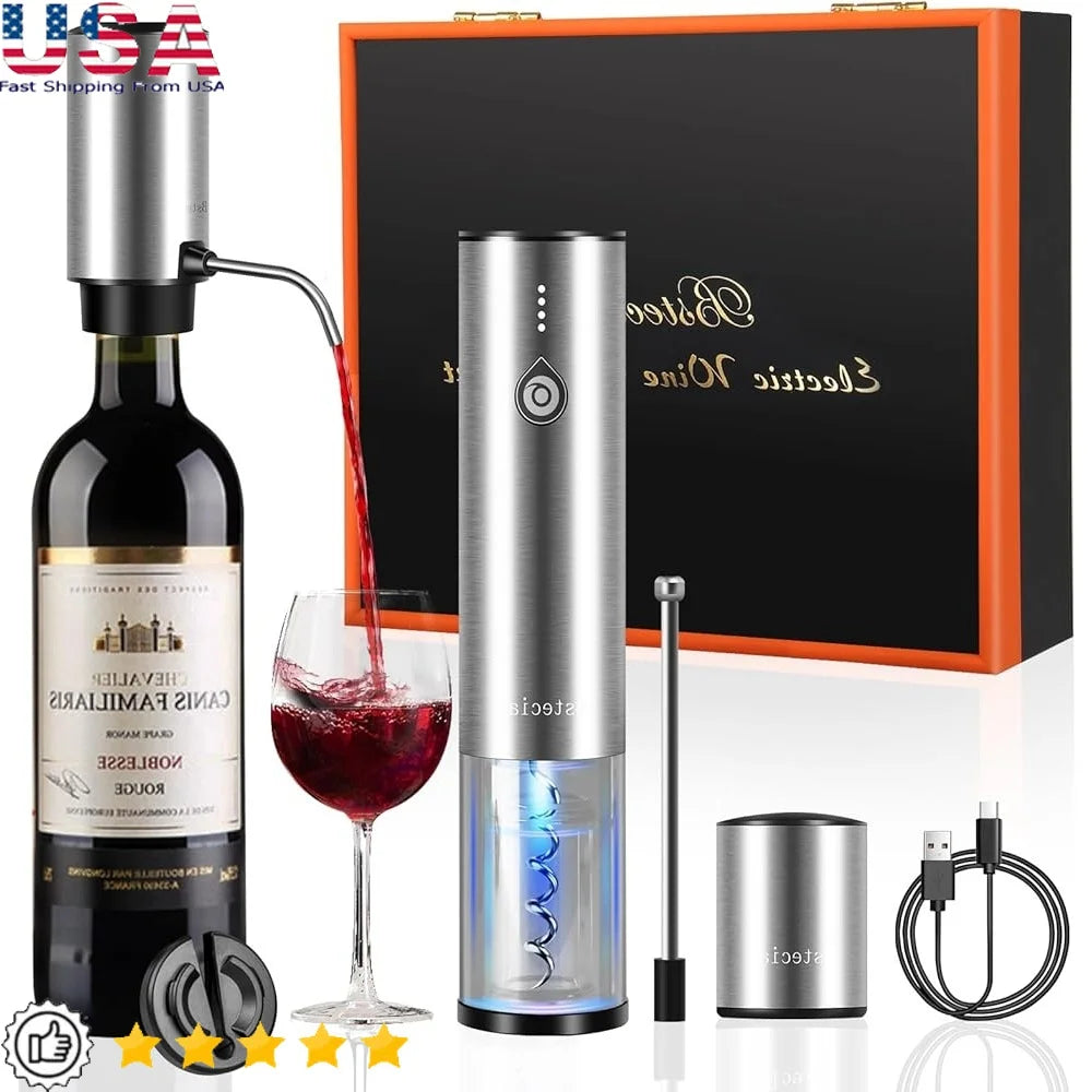 Electric Wine Opener Set Wooden Gift Box 2-In-1 Decanter Aerator Dispenser Vacuum Stopper Corkscrew Kitchen Accessories