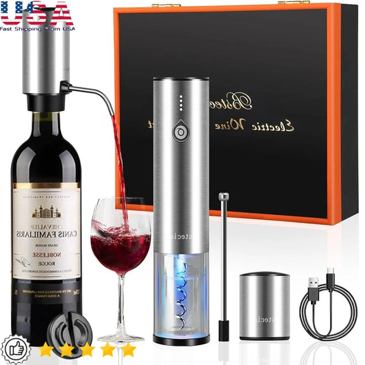 Electric Wine Opener Set Wooden Gift Box 2-In-1 Decanter Aerator Dispenser Vacuum Stopper Corkscrew Kitchen Accessories