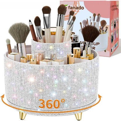 Bling Diamond Brush Holder, 360 ° Rotating Makeup Organizer, 5 Slot Make up Brushes Cup Countertop, Storage for Cosmet