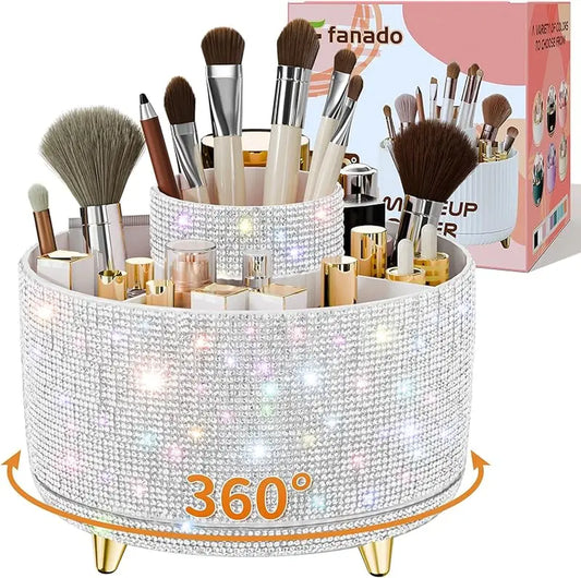 Bling Diamond Brush Holder, 360 ° Rotating Makeup Organizer, 5 Slot Make up Brushes Cup Countertop, Storage for Cosmet