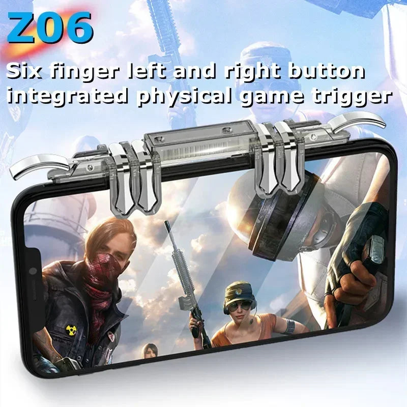 6 Fingers Cell Phone Gamepad Joystick Controller Z06 for PUBG Aim Shooting ABS Key Button Game Trigger for IOS Android Universal