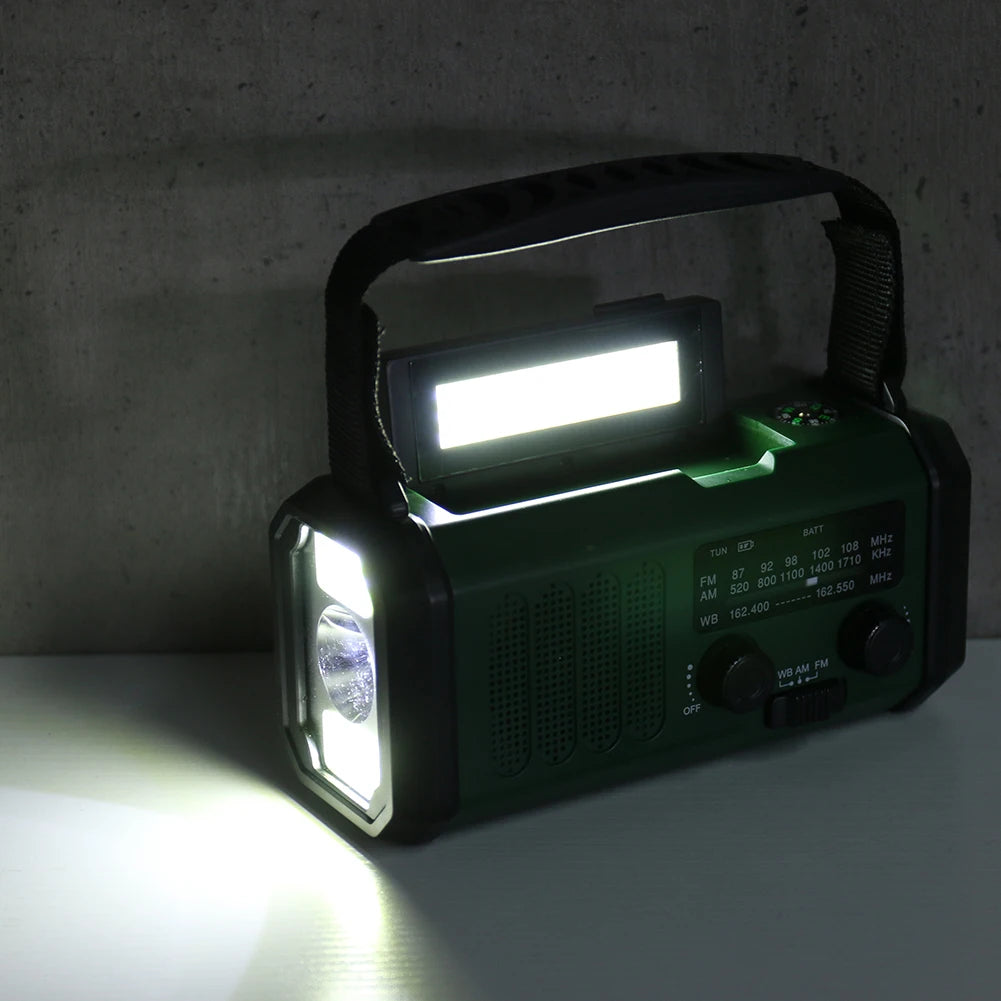 AM/FM/NOAA Weather Pocket Flashlight Radio SOS LED Emergency Radio Solar Hand Crank Powered Wind up Phone Charger Bank