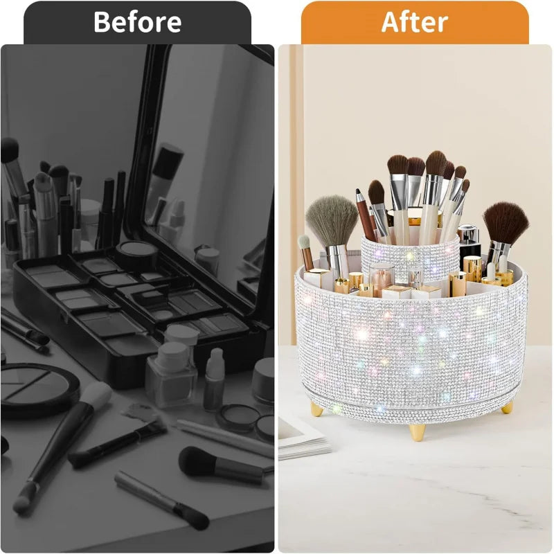 Bling Diamond Brush Holder, 360 ° Rotating Makeup Organizer, 5 Slot Make up Brushes Cup Countertop, Storage for Cosmet