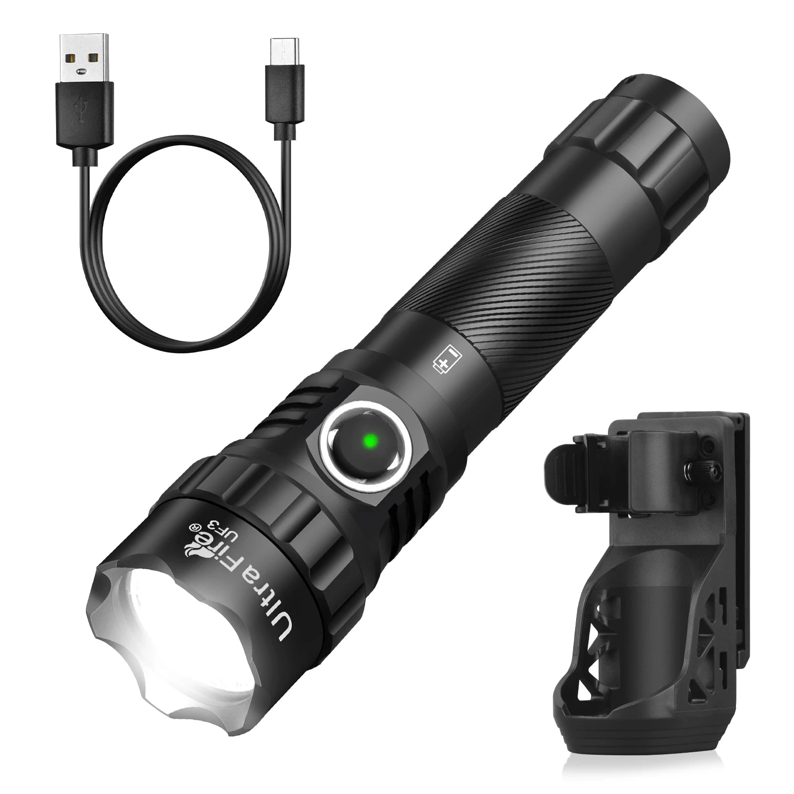 UF3 Tactical Flashlight 1200 Lumen USB Rechargeable Powerful Police Flashlight with Holster for Home Emergency Camping