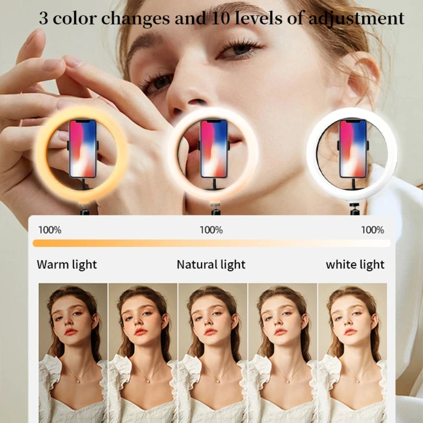 10 Inch Ring Light with Tripod and Phone Holder Adjustable Suitable Videos Photography Selfies Makeup Live Streaming