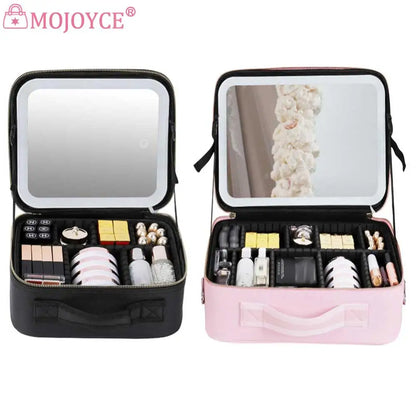 Smart LED Cosmetic Case with Mirror Women Makeup Bag Portable Large Capacity Fashion PU Leather Casual for Weekend Vacation