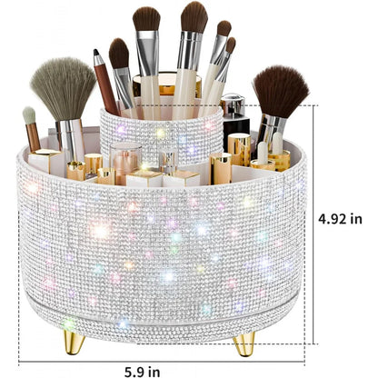 Bling Diamond Brush Holder, 360 ° Rotating Makeup Organizer, 5 Slot Make up Brushes Cup Countertop, Storage for Cosmet