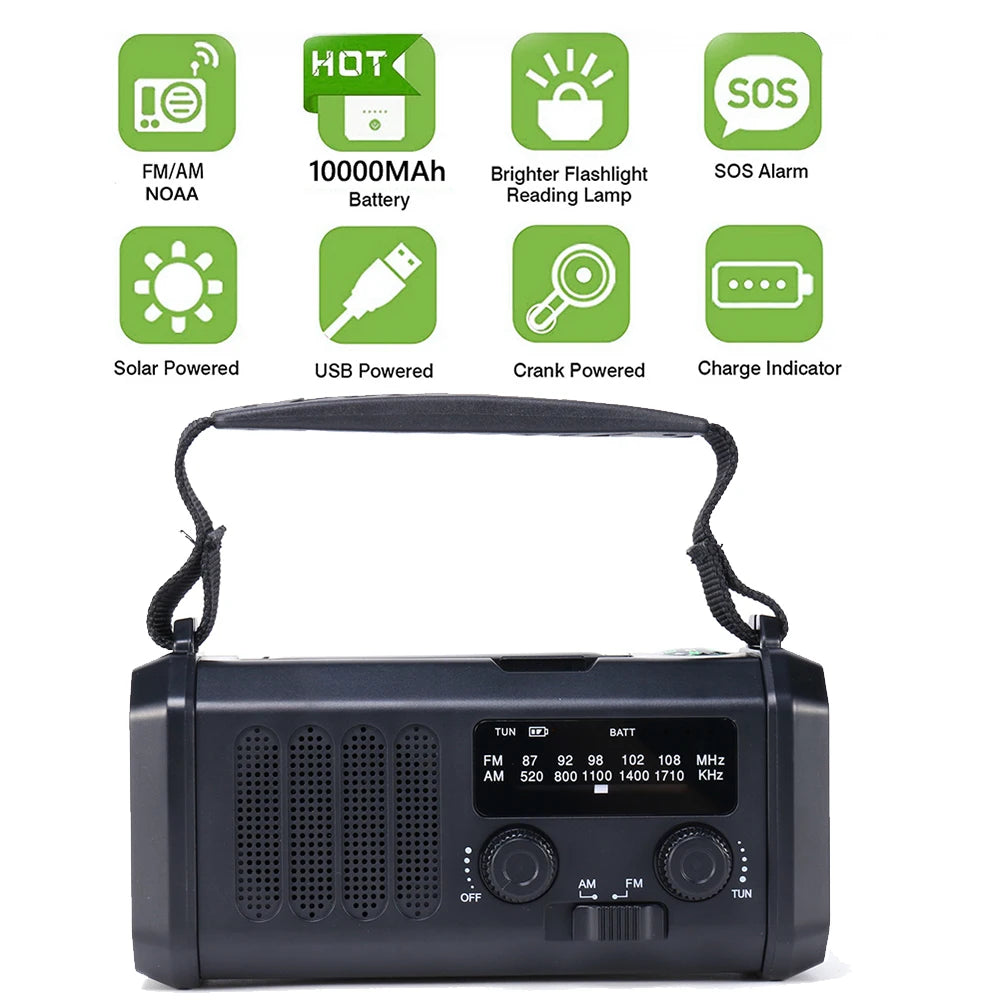 AM/FM/NOAA Weather Pocket Flashlight Radio SOS LED Emergency Radio Solar Hand Crank Powered Wind up Phone Charger Bank