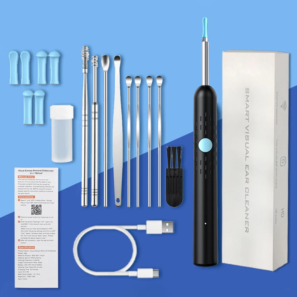 500W Pixels Smart Visual Ear Cleaner HD Endoscope with 9Pcs Ear Picking Spoon Tools Set for Adult Children Earwax Removal Tool