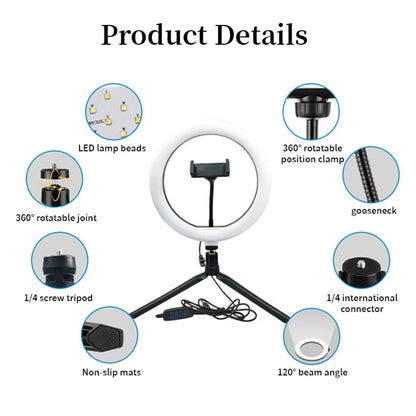10 Inch Ring Light with Tripod and Phone Holder Adjustable Suitable Videos Photography Selfies Makeup Live Streaming
