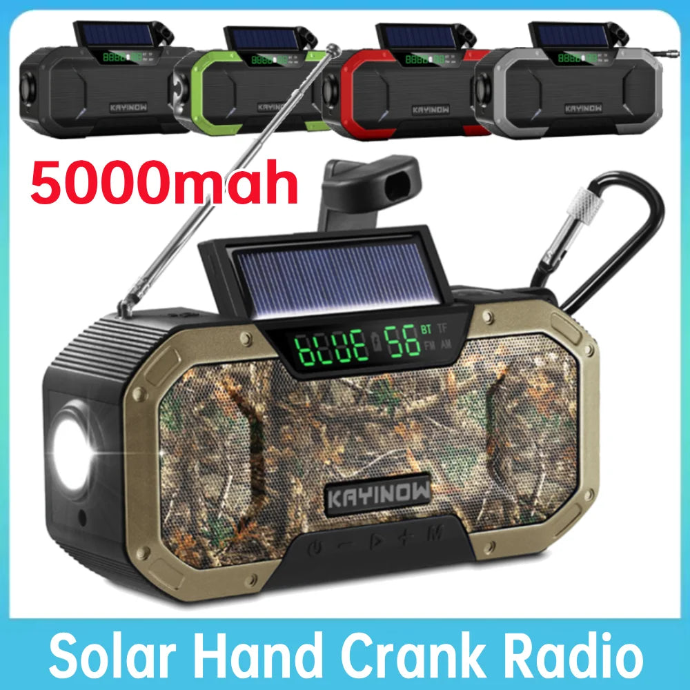 Solar Hand Crank Radio 5000Mah Power Bank Emergency Radio Bluetooth-Compatible SOS Alarm Super-Bright Flashlight for Outdoor